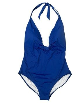 Gottex Blue Halter One Piece Swimsuit Size 14 NWT Deep V Plunge Tummy Control